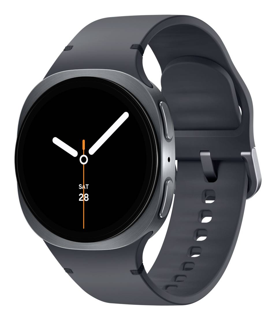 Smartwatch mit rundem schwarzem Zifferblatt, weißen Zeigern und Datumsanzeige, befestigt an einem dunkelgrauen Armband.