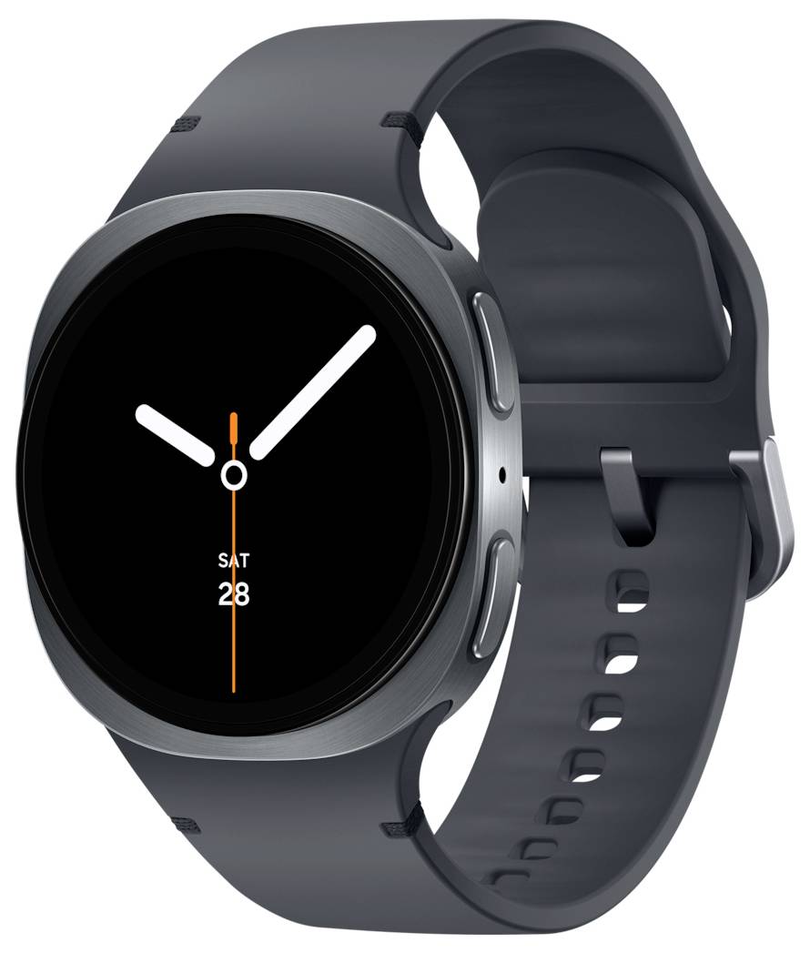 Eine schlanke schwarze Smartwatch mit minimalem Zifferblatt mit weißen Zeigern und orangefarbenem Sekundenzeiger, die 