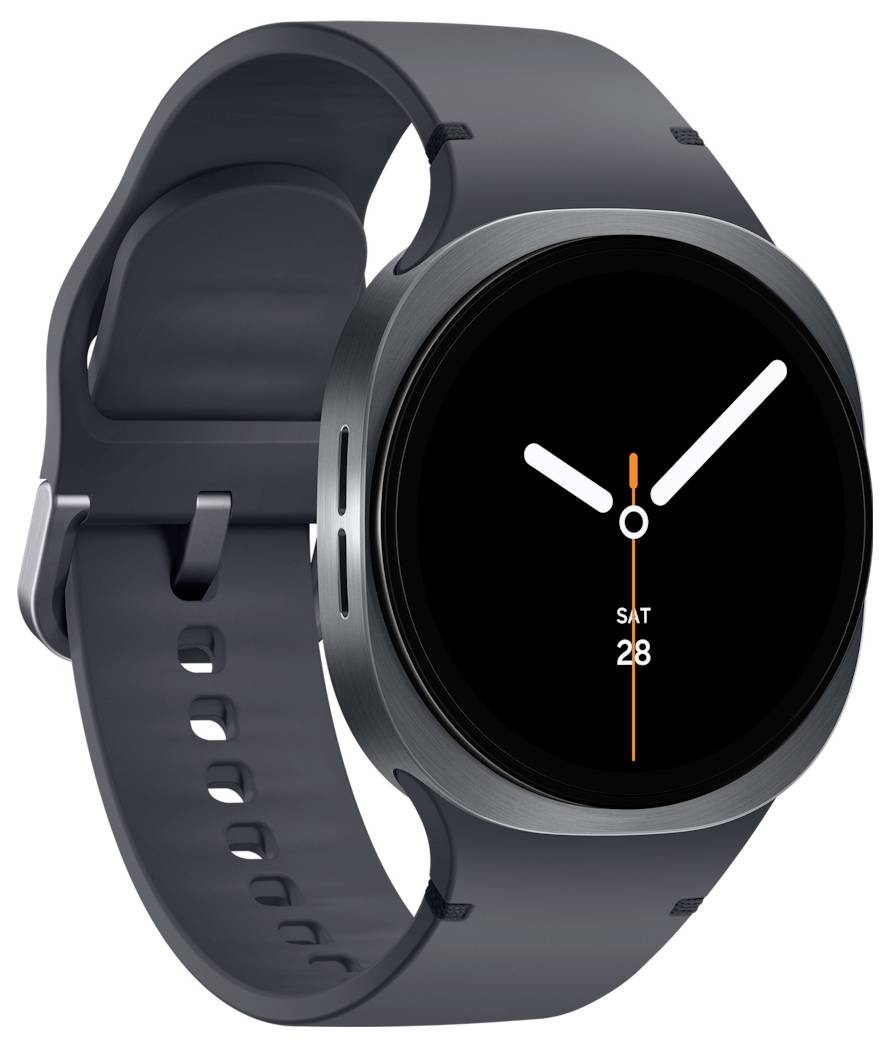 Eine elegante, moderne Smartwatch mit rundem Zifferblatt, auf dem die Uhrzeit und das Datum angezeigt werden. Das Armband ist dunkel und verstellbar.