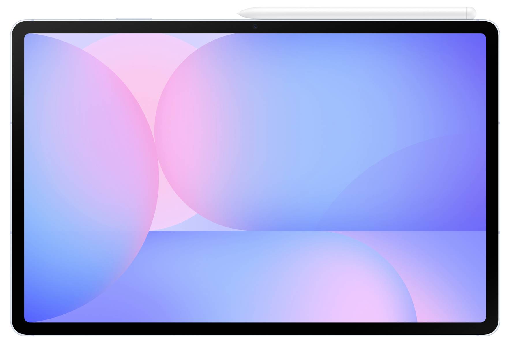 Ein Tablet mit einem Stylus, der oben aufliegt, zeigt ein farbenfrohen abstrakten Hintergrund mit Farbverläufen von Rosa und Blau.