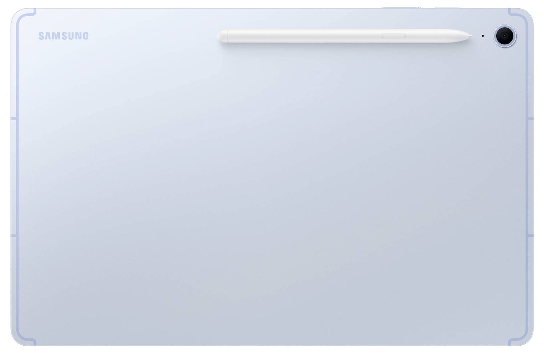 Ein hellblaues Samsung-Tablet von hinten betrachtet, mit einem Stylus oben befestigt und einer Kamera in der oberen rechten Ecke.