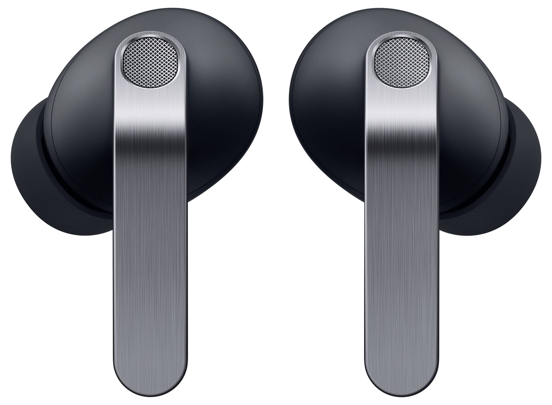Kabellose Ohrhörer mit schlankem Design, die metallische Stiele und schwarze Ohrknospen aufweisen, positioniert vor einem einfachen Hintergrund.