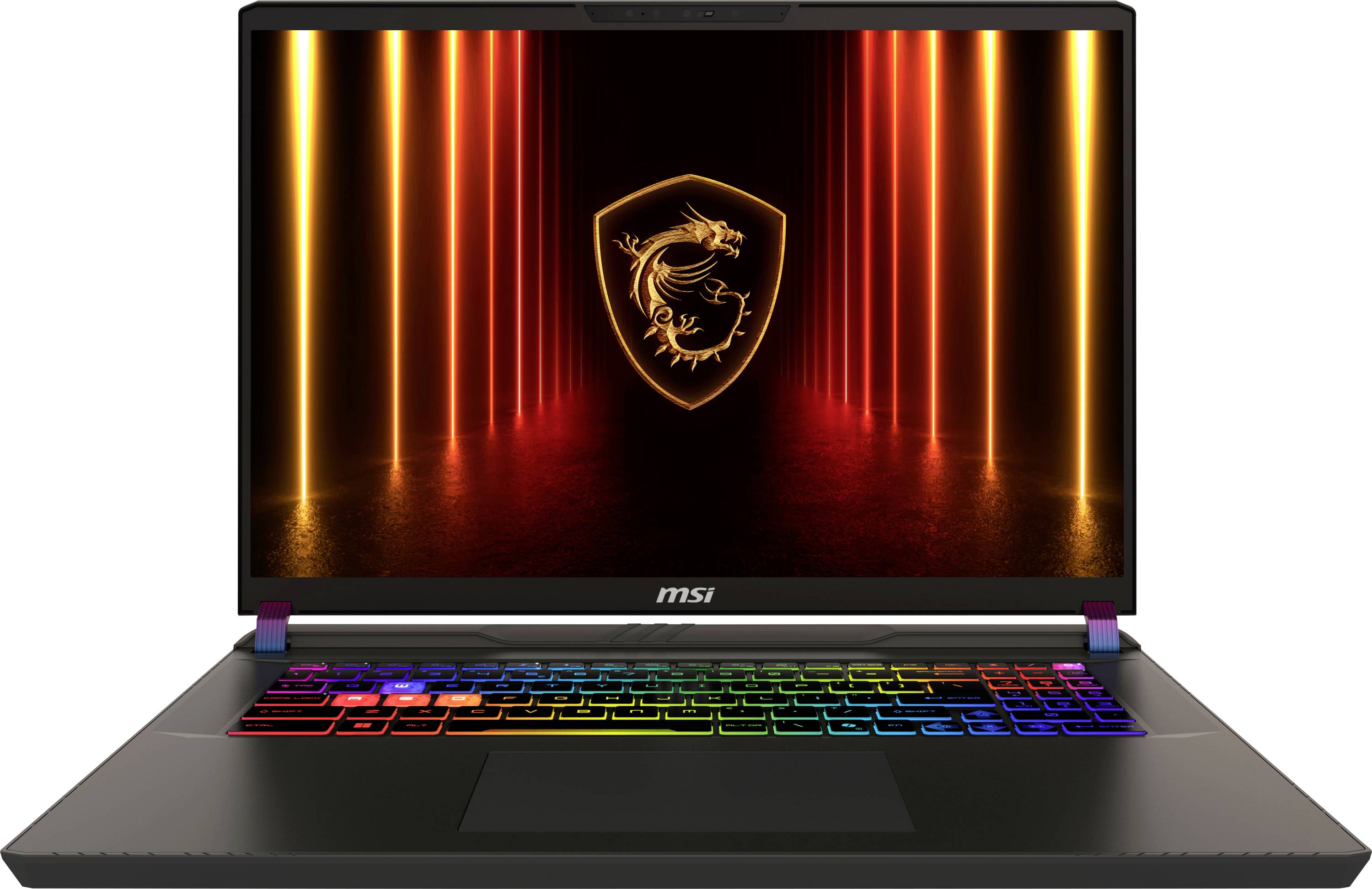 Ein Gaming-Laptop mit einer lebendigen RGB-Tastatur und einem Bildschirm, der ein glühendes Drachen-Emblem mit orangefarbenen vertikalen Lichtern im Hintergrund anzeigt.