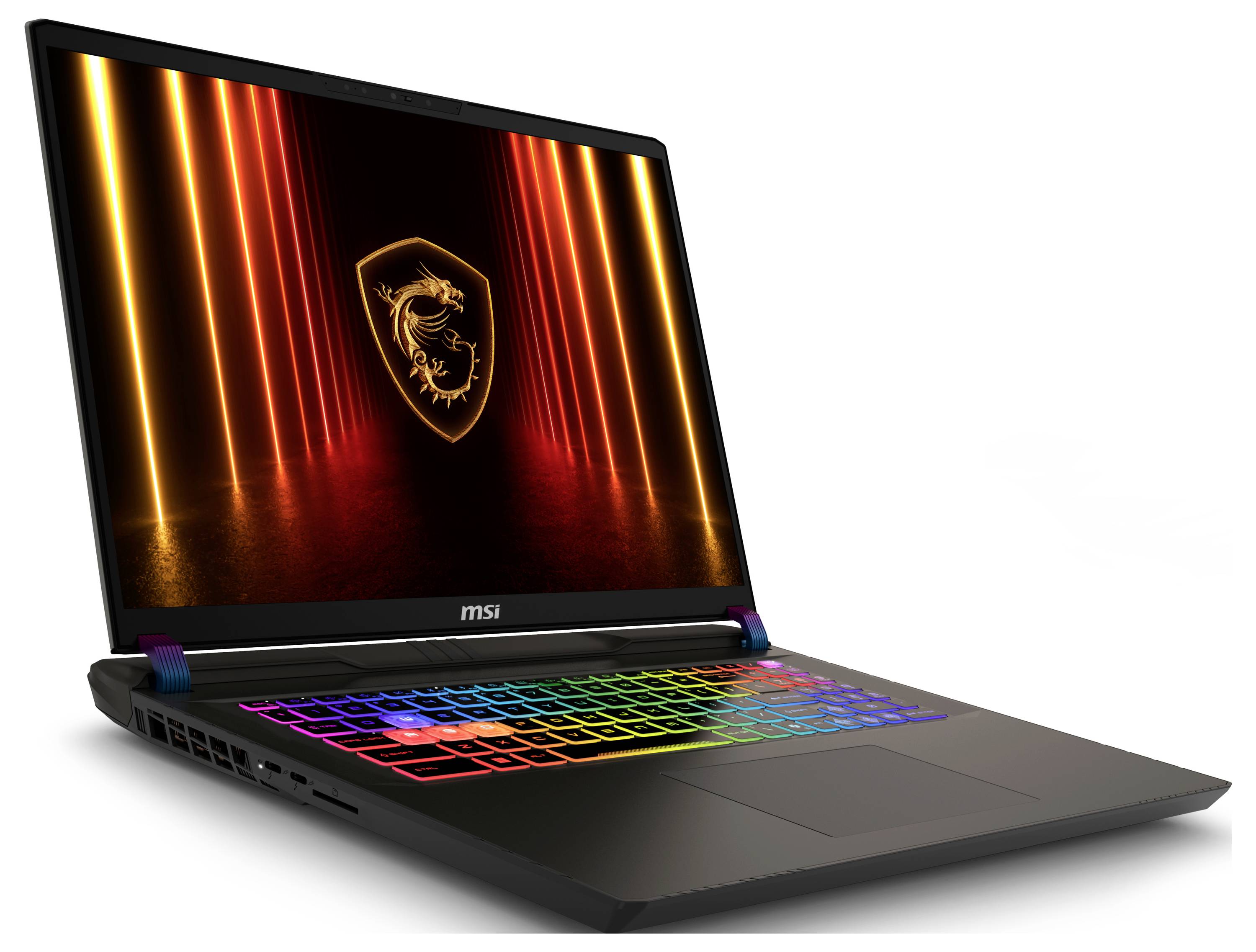 Ein Laptop mit einer farbenfrohen Tastatur und einem Drachen-Logo auf dem Bildschirm, vor einem orange und rot beleuchteten Hintergrund.