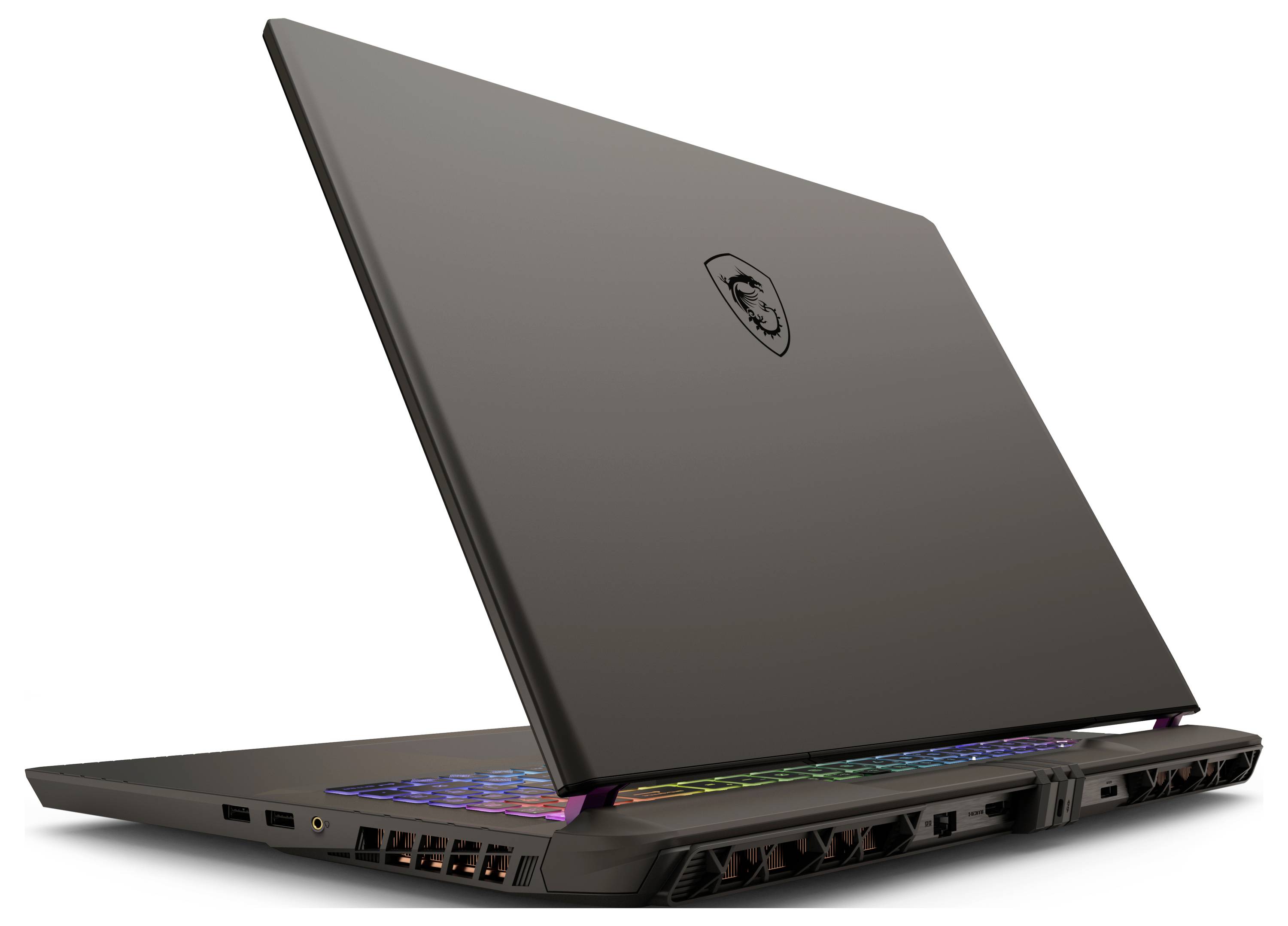 Ein schlanker Gaming-Laptop mit regenbogenfarbig beleuchteter Tastatur ist teilweise geschlossen, zeigt ein Logo auf dem Deckel und mehrere Anschlussoptionen.