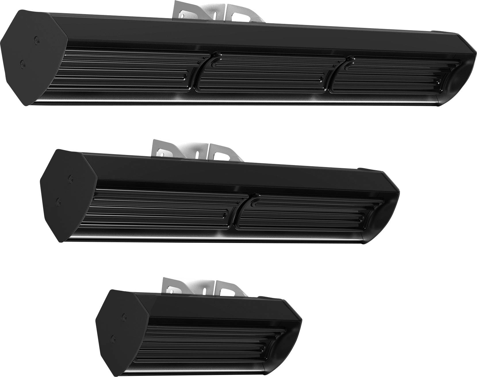 Schwarze Infrarotheizgeräte in drei Größen, wandmontiert mit schlankem Design, geeignet für Innen- und Außenbereich.