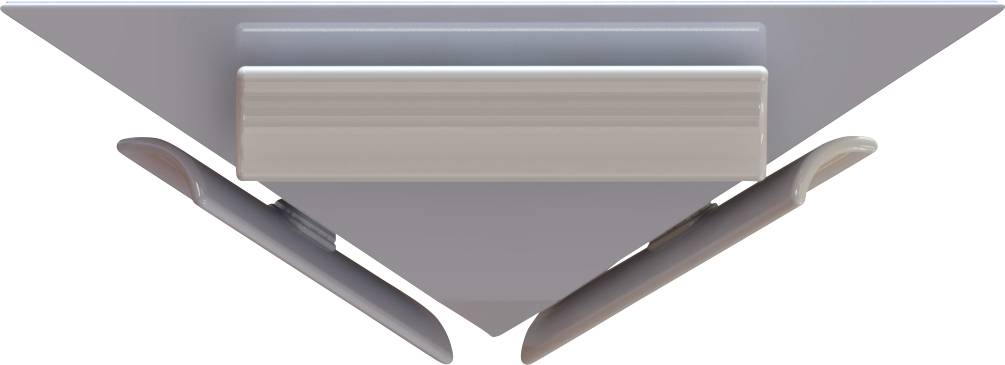 Eine Draufsicht eines Papierflugzeug-Designs mit der symmetrischen Anordnung von Flügeln und Rumpf, die aerodynamische Merkmale hervorhebt.