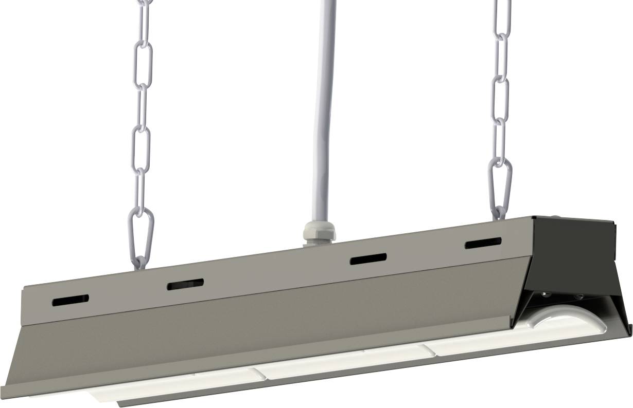 Eine rechteckige LED-Leuchte, die an Ketten aufgehängt ist und Lüftungsöffnungen sowie einen zentralen elektrischen Anschluss aufweist, geeignet für Innenräume.