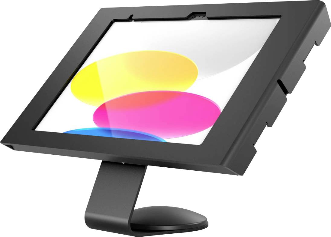 Ein moderner Touchscreen-Monitor zeigt überlappende gelbe, rosa und blaue Ovale auf weißem Hintergrund an.