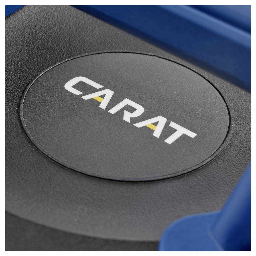 Das Bild zeigt eine Nahaufnahme eines schwarzen Kreislogos mit dem Wort „CARAT