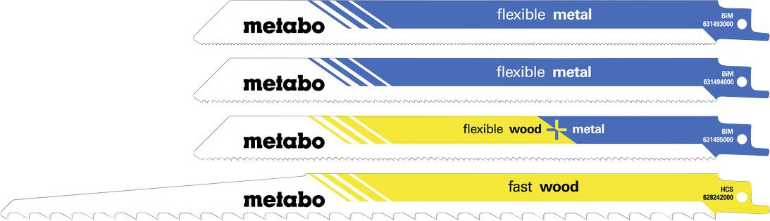 Vier Metabo-Sägeblätter mit den Bezeichnungen „flexibles Metall