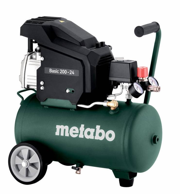 Metabo Basic 200-24 tragbarer Luftkompressor mit Tank, Manometer, Regler, Griff und Rädern auf weißem Hintergrund.
