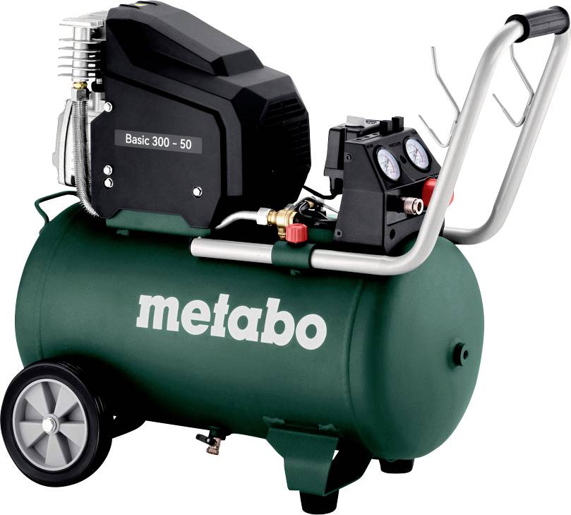 Grüner Metabo-Kompressor mit Rädern, Griff und Manometern oben. Modell 