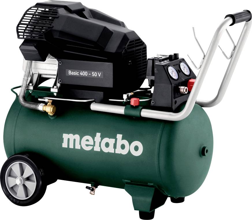 Ein grüner Metabo Luftkompressor mit schwarzem Motor und Druckmanometern oben, auf Rädern montiert für Mobilität.