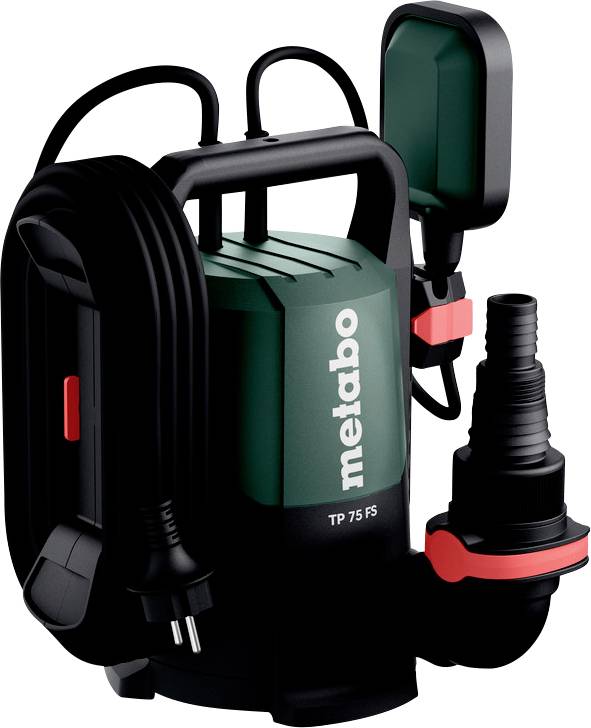 Tauchpumpe mit grüner und schwarzer Farbgestaltung, gekennzeichnet mit „metabo TP 75 FS