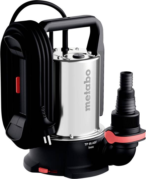 Eine silberfarbene und schwarze Wasserpumpe mit Schlauchverbindung und Griff, gekennzeichnet mit 