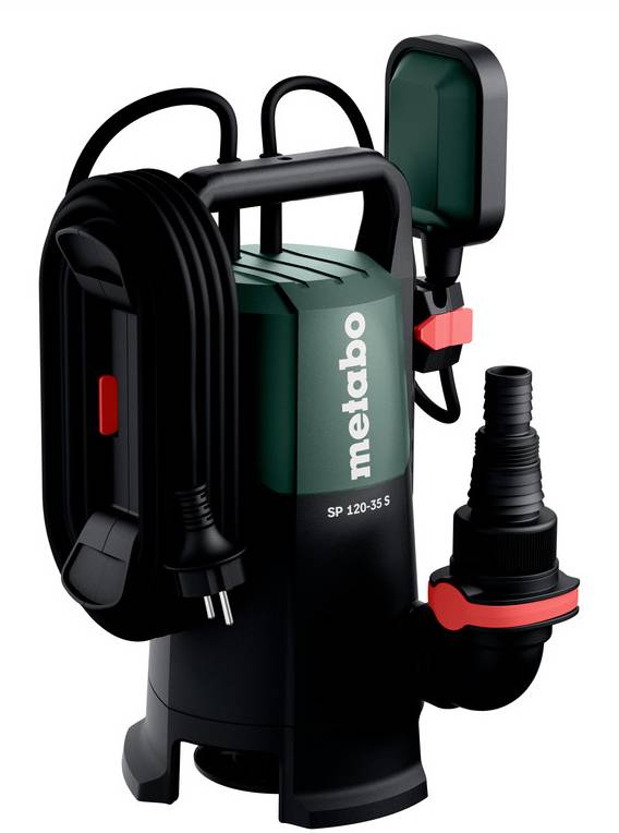 Tragbare Metabo-Elektrotauchpumpe mit Griff, Stromkabel, Schwimmerschalter und Schlauchverschraubungen auf weißem Hintergrund.