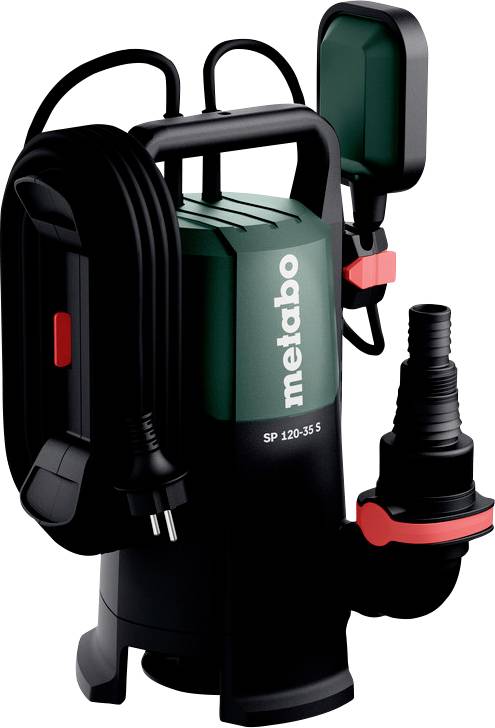 Eine schwarz-grüne Wasserpumpe mit aufgewickeltem Stromkabel, Marke „metabo