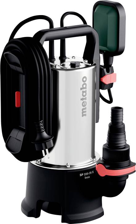 Eine schwarze und silberne Wasserpumpe mit Griff, gekennzeichnet mit „metabo