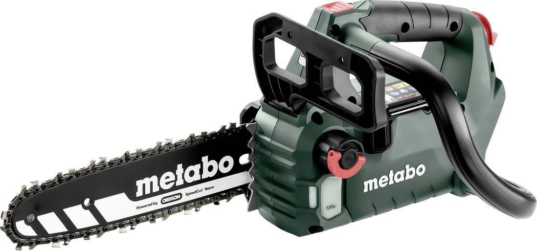 Metabo Kettensäge ohne Kabel mit schwarzem Blatt und grünem Gehäuse, gezeigt auf weißem Hintergrund.