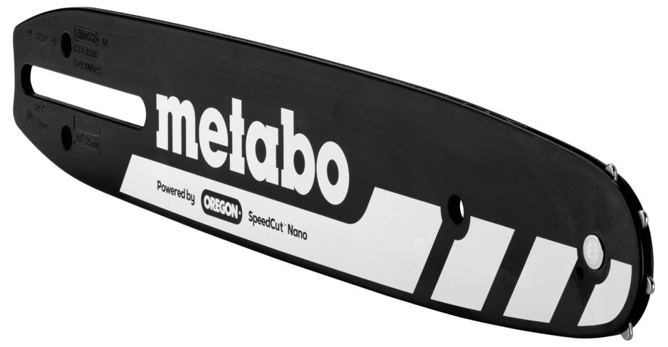 Schwarze Metabo Kettensägeschiene mit den Aufschriften 