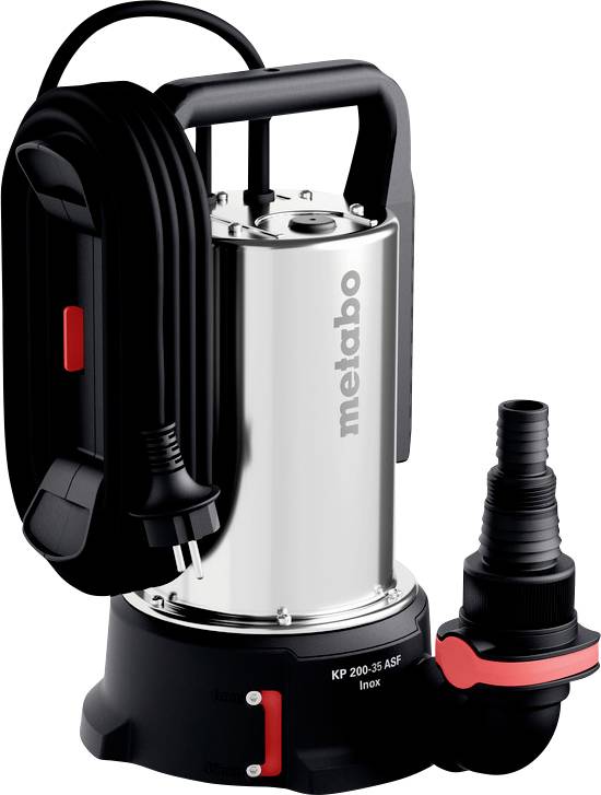 Eine silberne und schwarze Tauchpumpe mit dem Etikett „metabo