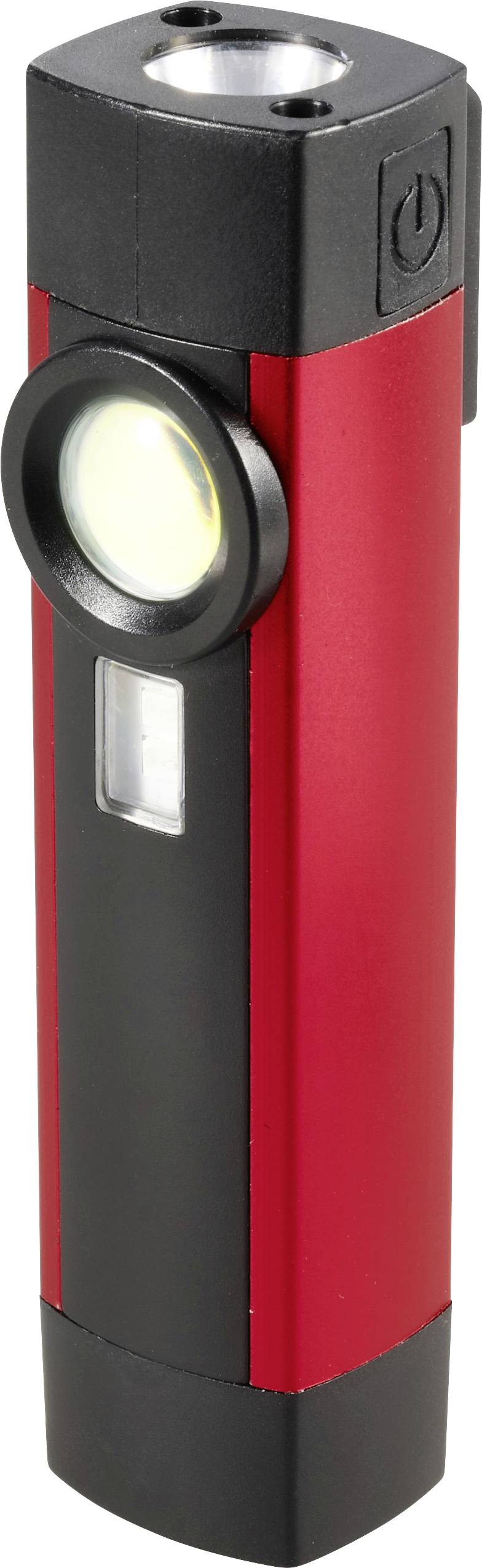 Schwarz-rote tragbare Taschenlampe mit einer kreisförmigen Lampe und einer Seitentaste, aufrecht auf weißem Hintergrund dargestellt.