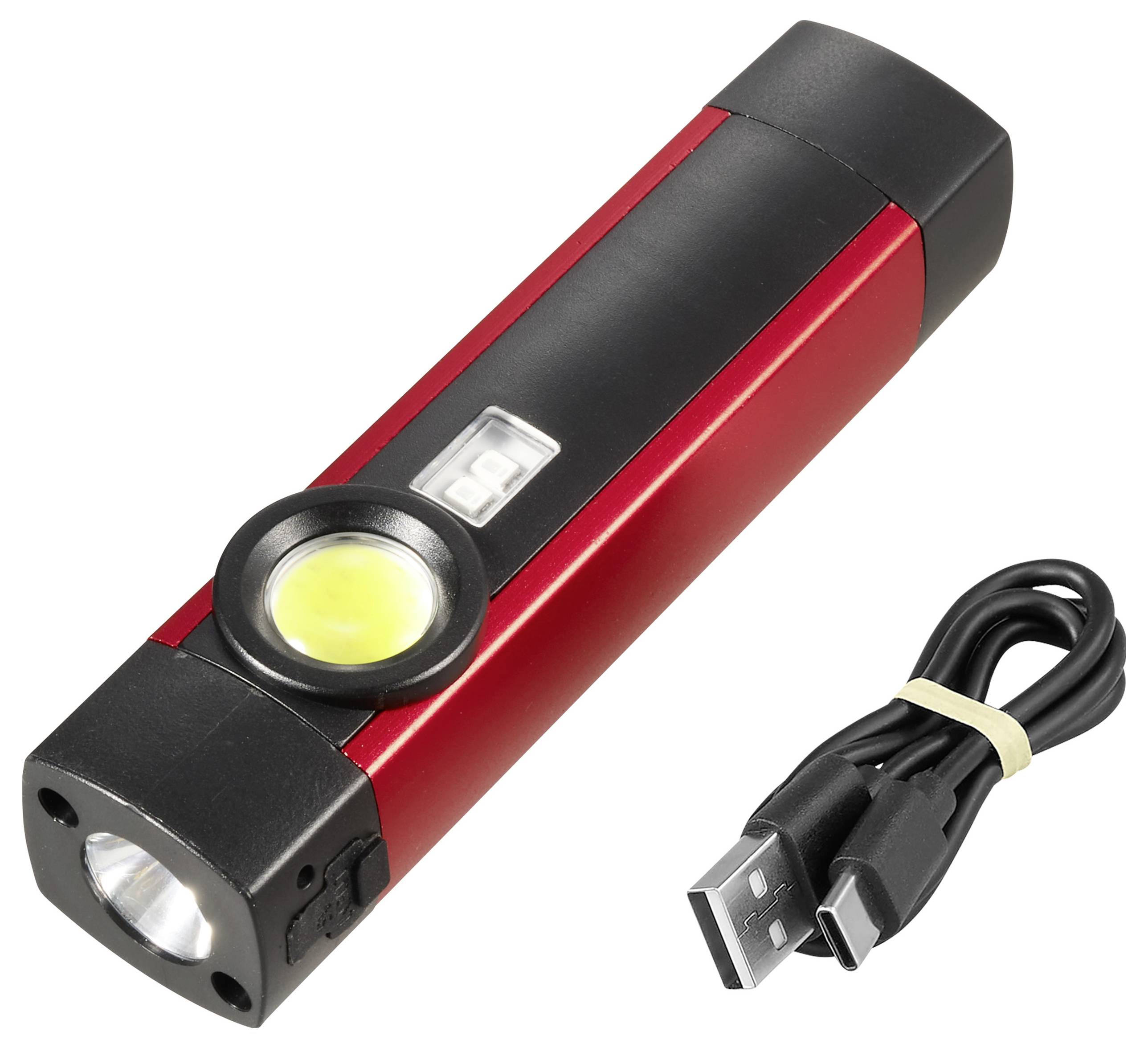 Rote aufladbare Taschenlampe mit seitlichem COB-Licht, Frontstrahl und mitgeliefertem USB-Ladekabel.