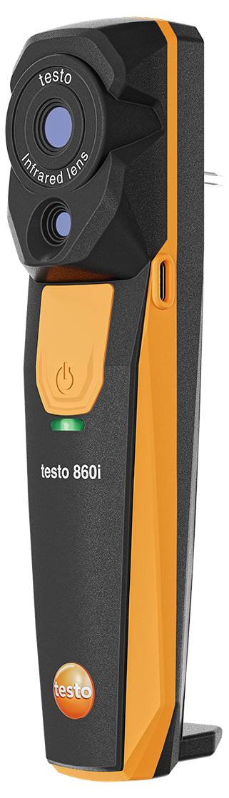Ein tragbares Infrarotthermometer mit Objektiv, Betriebstaste und Markenbezeichnung 'Testo 860i'. Es hat ein orange-schwarzes Design.
