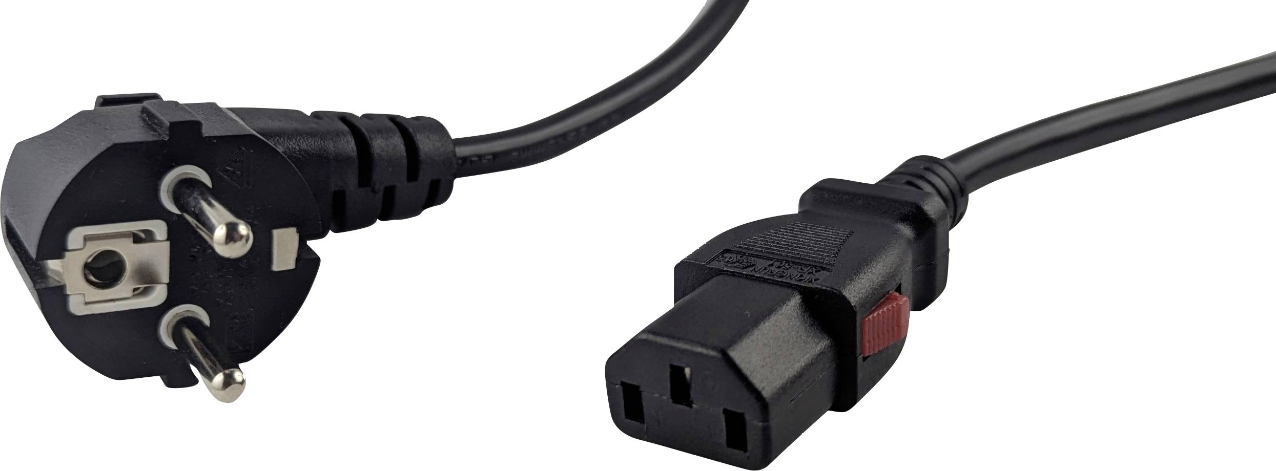 Ein schwarzes Stromkabel mit einem europäischen Stecker auf der einen Seite und einem rechteckigen IEC-Anschluss auf der anderen Seite.