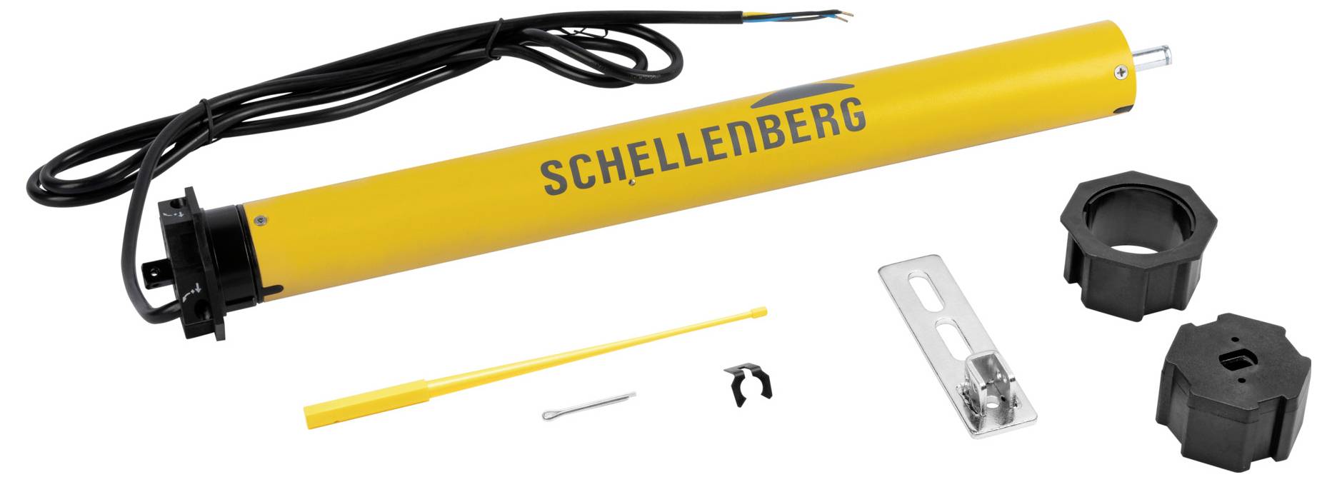 Gelber 'Schellenberg' Elektrorolladenmotor mit Montagezubehör: Montagerahmen, Halterung, Kabel und Steckverbinder.