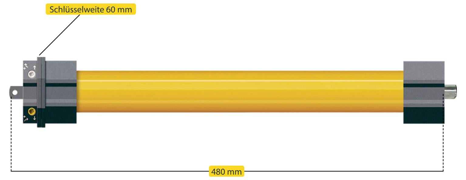 Ein orangefarbenes zylindrisches Objekt mit Abmessungen, die als '480 mm' in der Länge und 'Schlüsselweite 60 mm' an einem Ende gekennzeichnet sind.