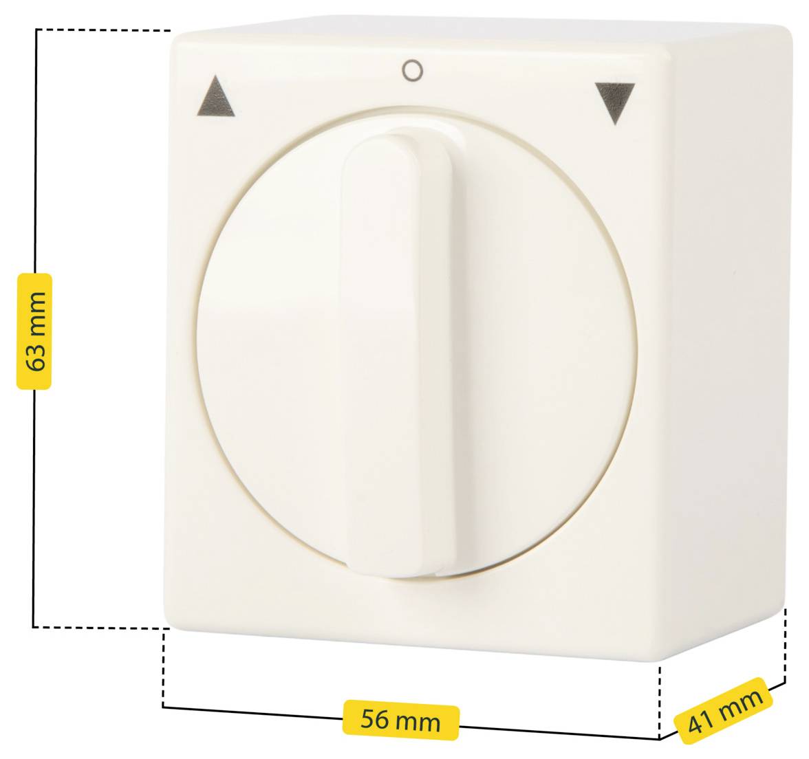 Ein weißer Drehschalter mit einem kreisförmigen Knopf und schwarzen dreieckigen Indikatoren oben und unten. Abmessungen: 63 mm Höhe, 56 mm Breite, 41 mm Tiefe.