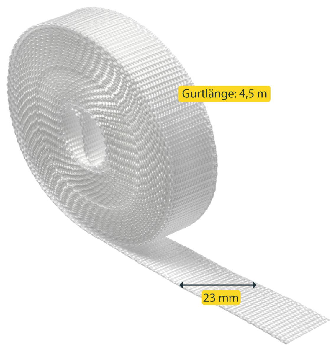 Eine Rolle weißes Verschleißband mit Beschriftungen, die „Gurtlänge: 4,5 m