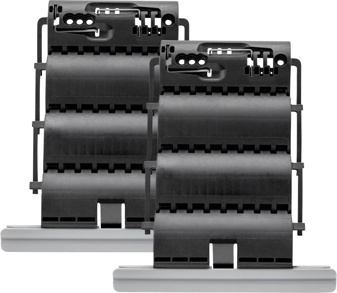 Eine schwarze Steckerleiste mit fünf Steckdosen und einem roten Netzschalter, angeschlossen an einen zweipoligen europäischen Stecker.