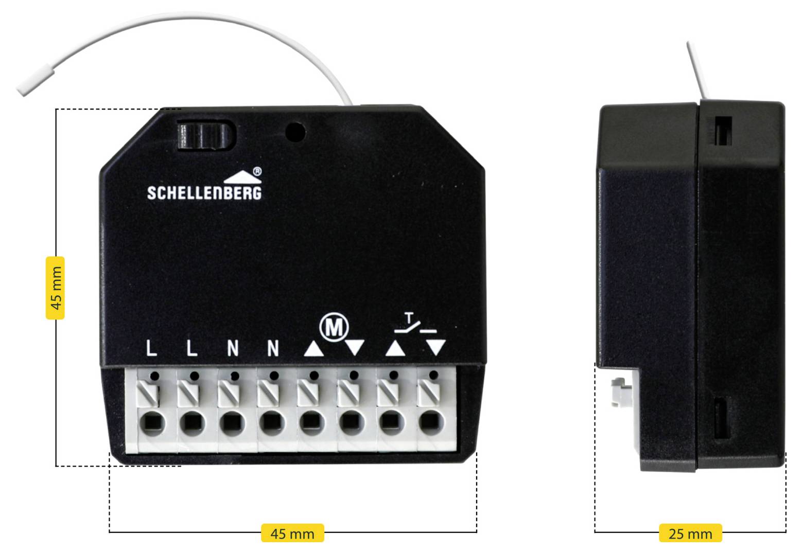 Ein schwarzes elektronisches Schellenberg-Gerät, 45 mm breit und 45 mm hoch, mit Anschlüssen beschriftet mit L, N, M und einem Schalter, Seitentiefe 25 mm.