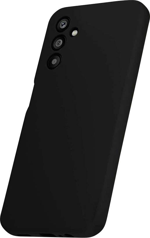 Schwarze Smartphone-Schutzhülle mit Aussparungen für Kamera und Tasten, in leichter Schrägposition dargestellt.
