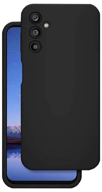 Schwarze Handyhülle mit drei Kameraausschnitten bedeckt ein Smartphone, das eine Berg- und Seenlandschaft in der Dämmerung zeigt.