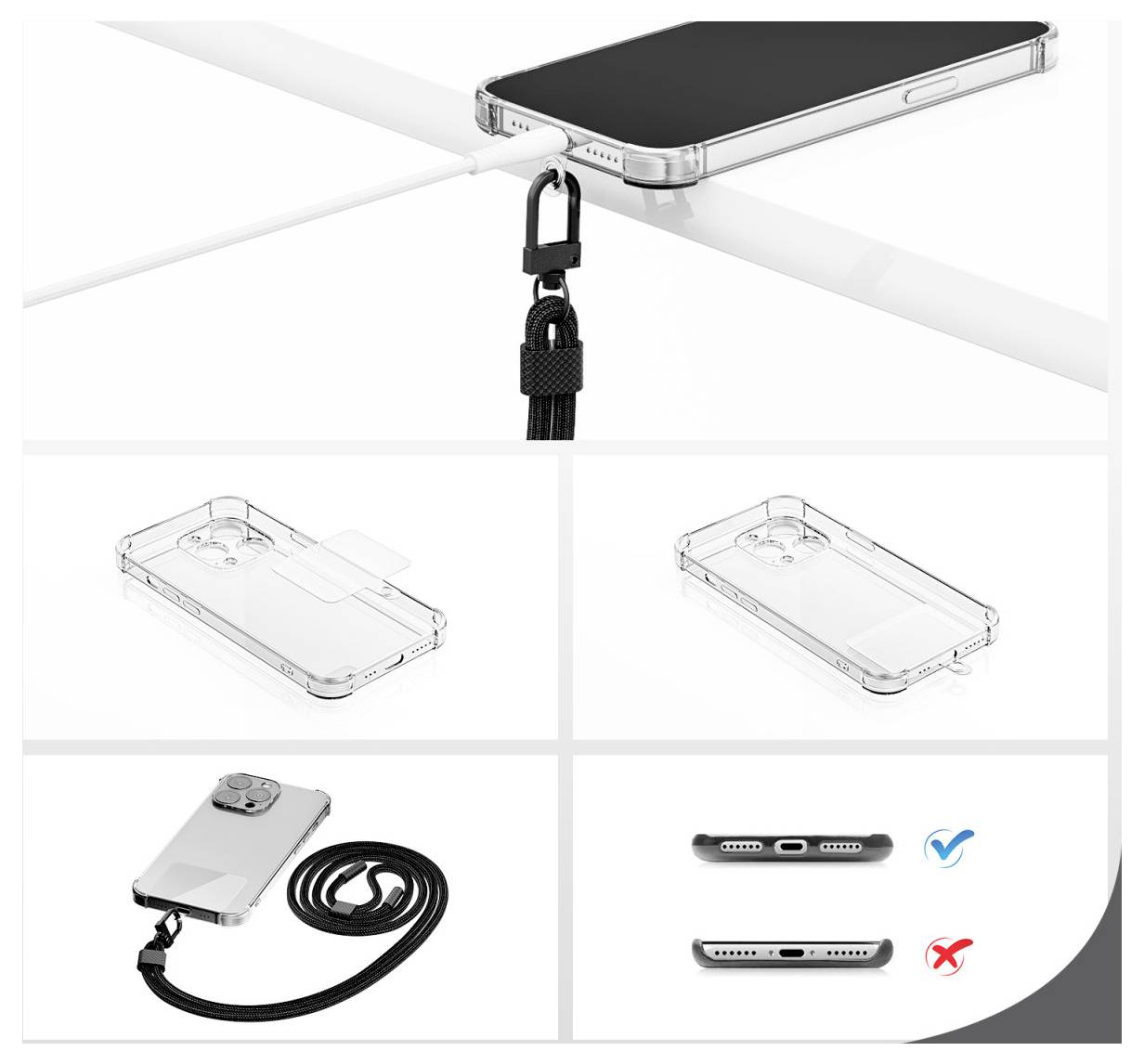 Transparente Handyhülle mit angebrachtem Riemen, die Schutz und Griffigkeit demonstriert. Zeigt Kompatibilität mit verschiedenen Phonemodellen und Anschlüssen.