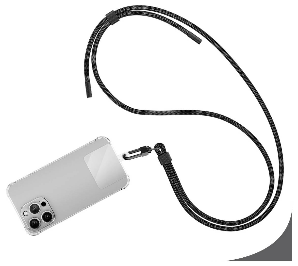Ein Smartphone mit einer transparenten Schutzhülle ist an einem schwarzen, verstellbaren Umhängeband befestigt, das das freihändige Tragen ermöglicht.