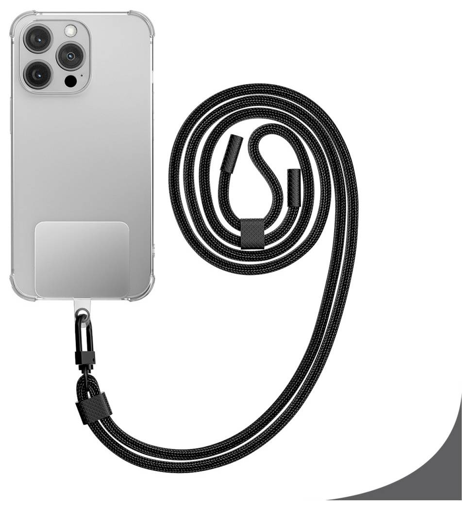 Transparente Handyhülle mit angehängtem schwarzem Umhängeband, zum Tragen des Telefons um den Hals herum gestaltet.