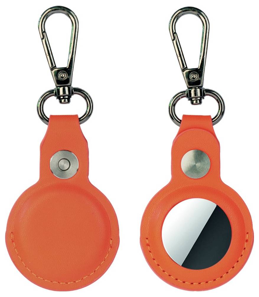 Ein orangefarbener Schlüsselanhänger mit einer runden, reflektierenden Oberfläche und einer Metallklammer, shown von vorne und hinten.