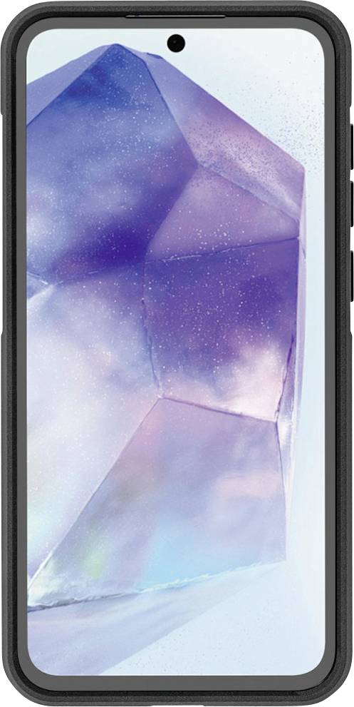 Ein Smartphone mit einem kristallthematischen Hintergrundbild auf dem Bildschirm, dargestellt in einer schwarzen Schutzhülle.