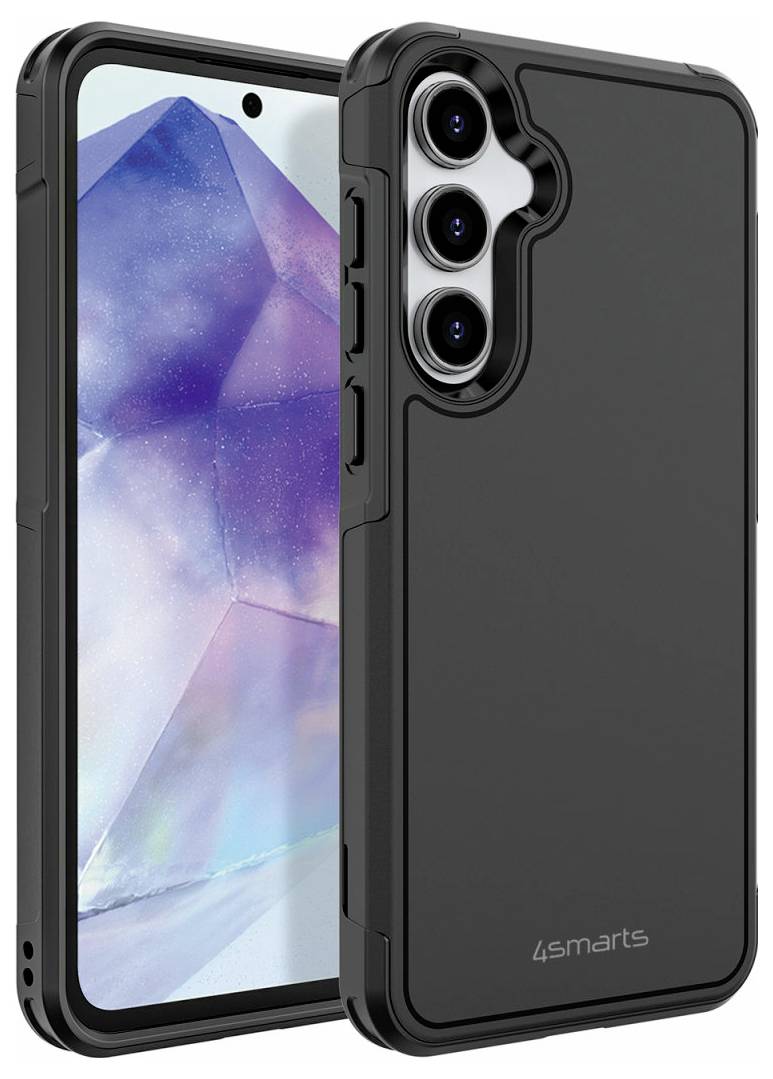 Eine schwarze Smartphone-Hülle mit Kameraausschnitt für drei Linsen, gezeigt auf einem Telefon mit geometrischer abstrakter Bildschirmhintergrund.