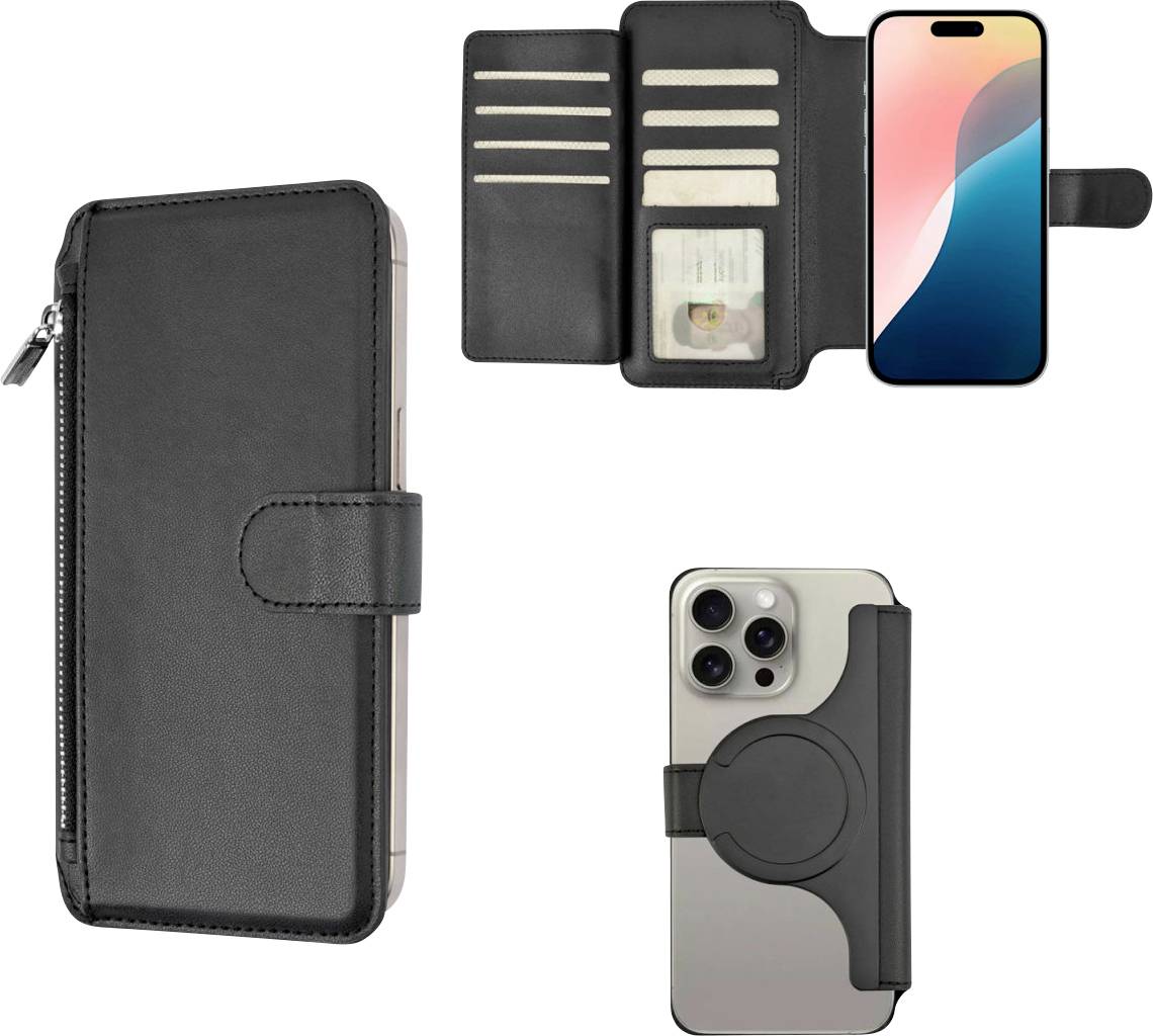 Schwarze Leder-Handyhülle mit Brieftasche, Reißverschluss, Kartenfächern, ID-Fenster und Magnetverschluss. Sie passt zu einem Smartphone und funktioniert gleichzeitig als Geldbörse und Ständer.