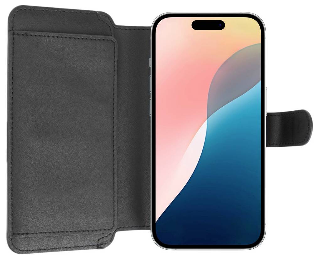 Ein Smartphone mit farbenfrohem Bildschirm in einem schwarzen Leder-Flipcase, geöffnet, um die Vorderseite des Geräts zu zeigen.