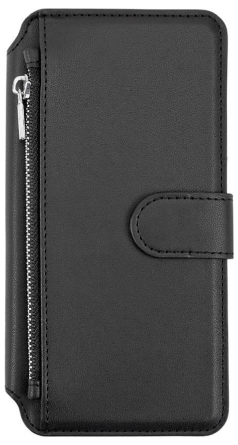 Ein schwarzes Leder-Portemonnaie-Etui mit einer Reißverschlusstasche auf der linken Seite und einem Druckknopfverschluss auf der rechten Seite.