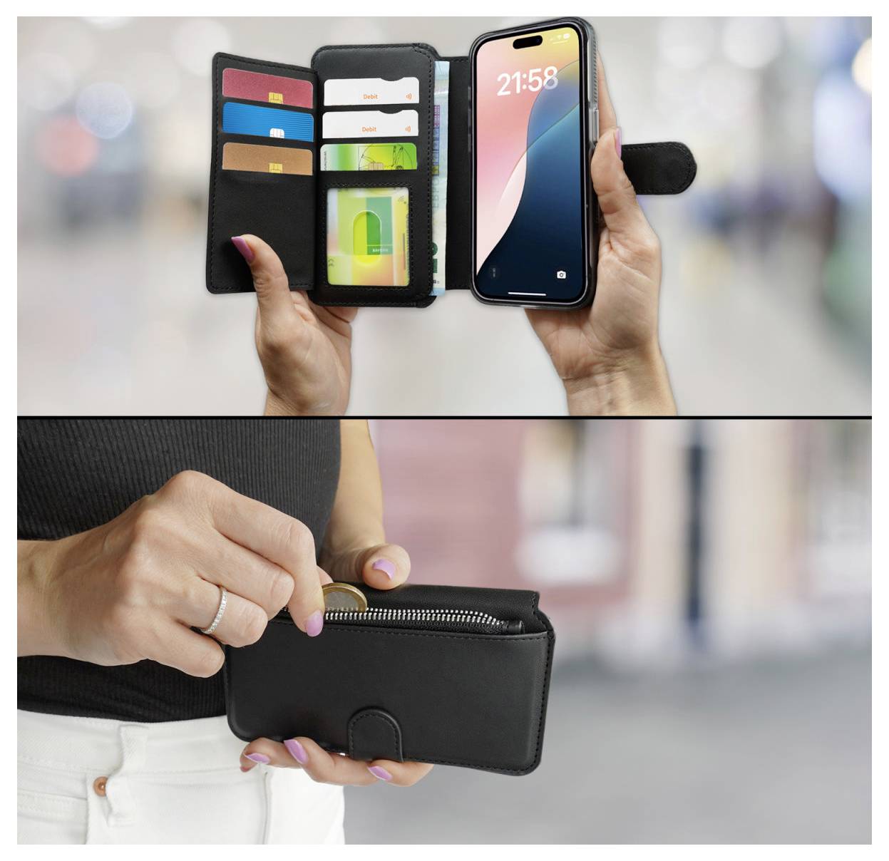 Eine Person hält eine Wallet-Handyhülle offen und zeigt Karten und ein Telefon. Darunter öffnet eine andere Person eine schwarze Geldbörse gegen einen unscharfen Hintergrund mit einem Reißverschluss.
