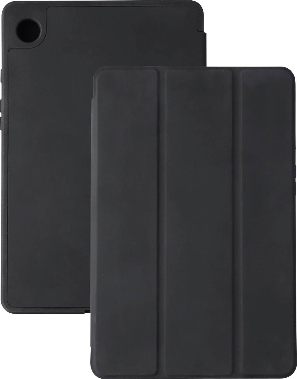 Zwei schwarze Tablet-Foliohüllen, die sich überlappen, eine offen mit einer Kameraaussparung und eine geschlossen, auf weißem Hintergrund dargestellt.