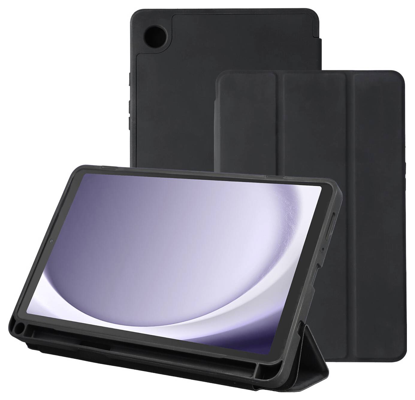 Schwarze Tablet-Schutzhülle mit integriertem Ständer, gezeigt mit einem Tablet in Querformat, Vorder- und Rückansicht dargestellt.